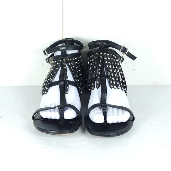 Saint Laurent Women's US8,5 EU39 Black Leather Studded Fringe Gladiator Sandals - Picture 4 of 16